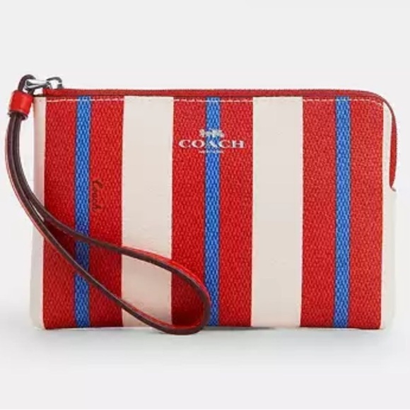 Coach Corner Zip Wristlet With Stripe Print - Picture 1 of 3